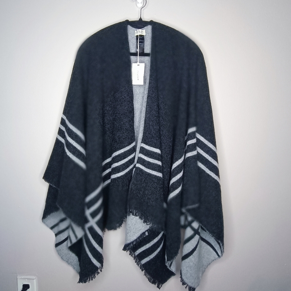 Jigsaw Black and Gray Striped Poncho Caped Scarf Showl Wool Cotton NWT